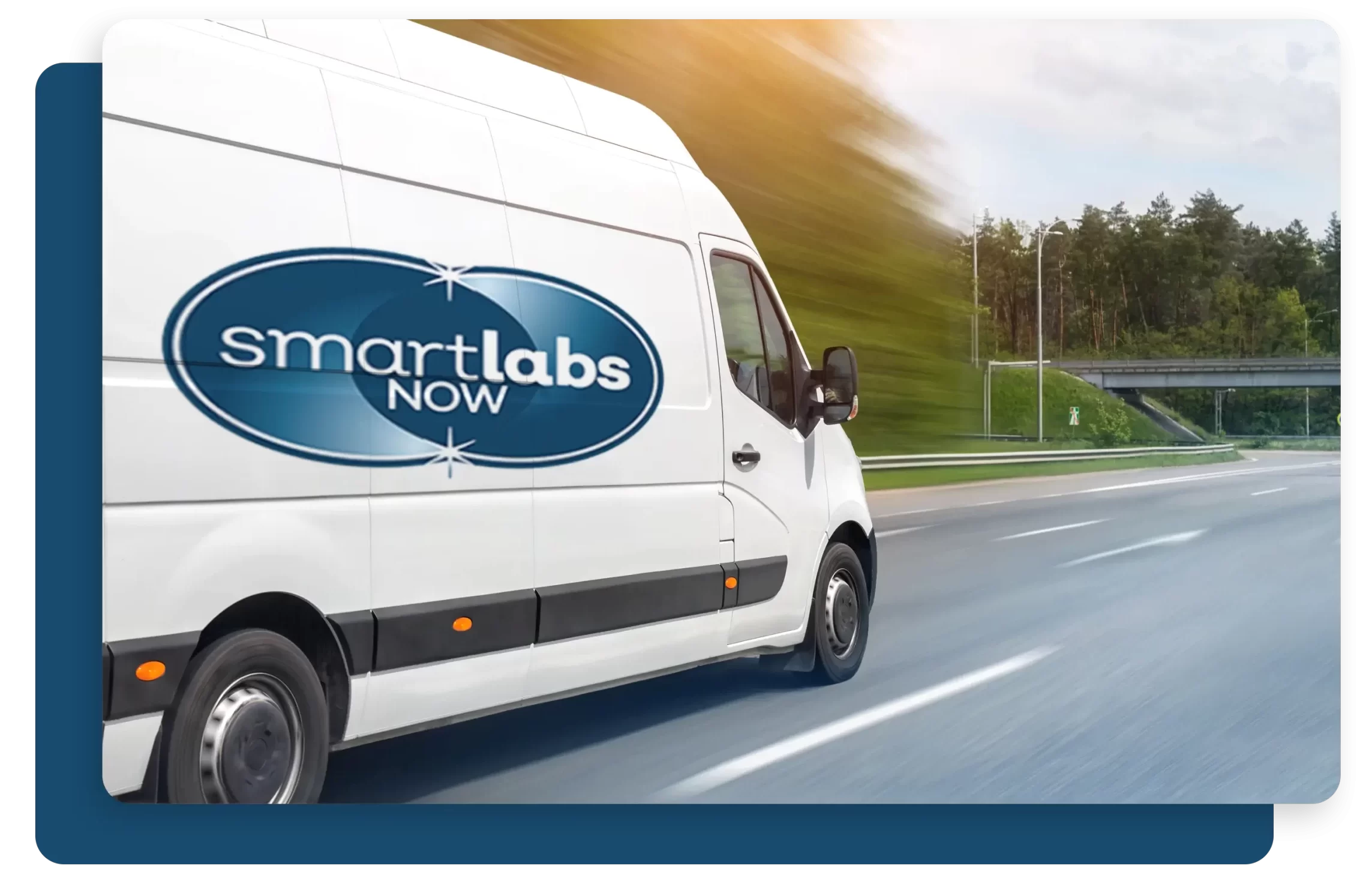 A white van with the Smart Labs Now logo on the side travels to a worksite with lab testing supplies inside.