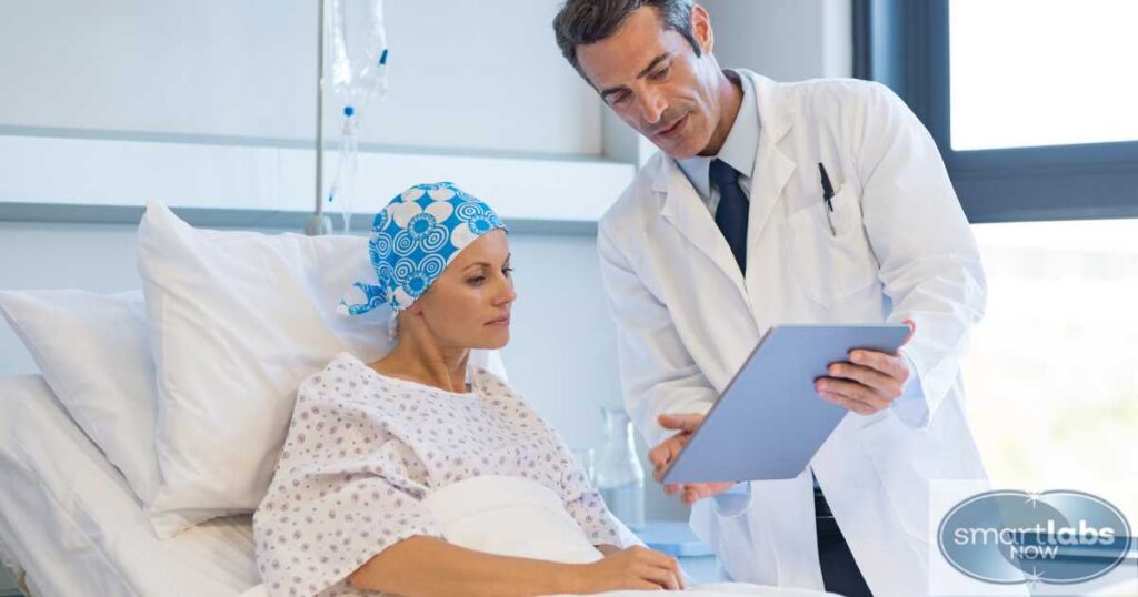 An oncologist briefing a patient on her CBC test results