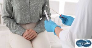 A lab technician guiding an STD suspect on the exam procedure (swab in hand).