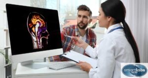 A neurologist reviewing a patient's brain scan