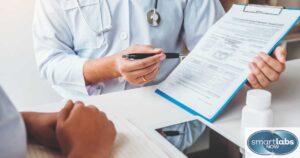 A lab technician explaining hepatitis testing guidelines to a prospect