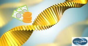 A fun depiction of a gold-encrusted DNA strand - symbolizing testing cost - next to a sheaf of dollars and coins.