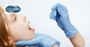 A lab technician taking a patient's saliva sample with a standard swab stick.